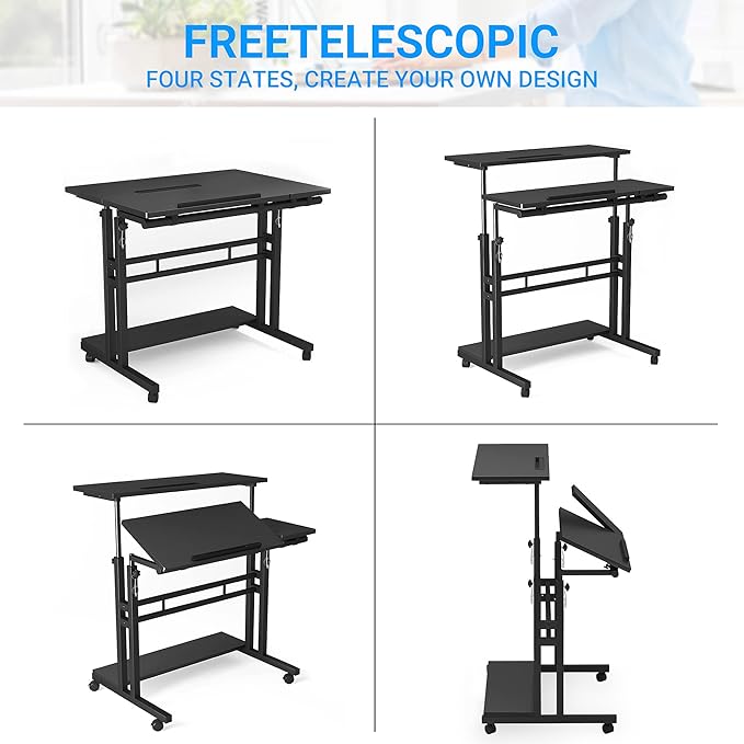 Panta Mobile Standing Desk, Adjustable Rolling Computer Desk with 3 Desktops, Portable Laptop Table with Desk Cup Holder, Home Office Laptop Workstation on Lockable Wheels, Black