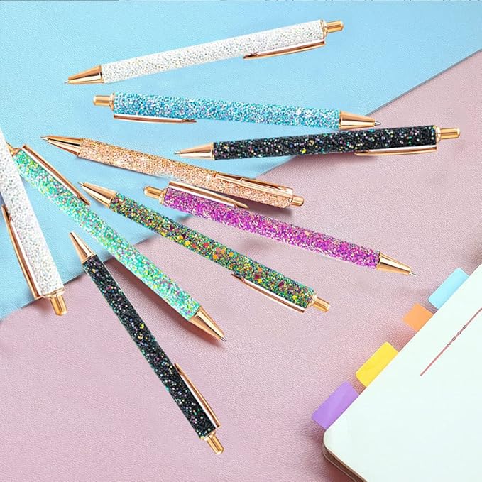 9 Pcs Fancy Pens for Women Glitter Colorful Ballpoint Pens Metal Retractable Pens Black Ink Medium Point 1.0 mm Pretty Cute Sequins Pens Journaling Pens for Women Girls (Classic style)