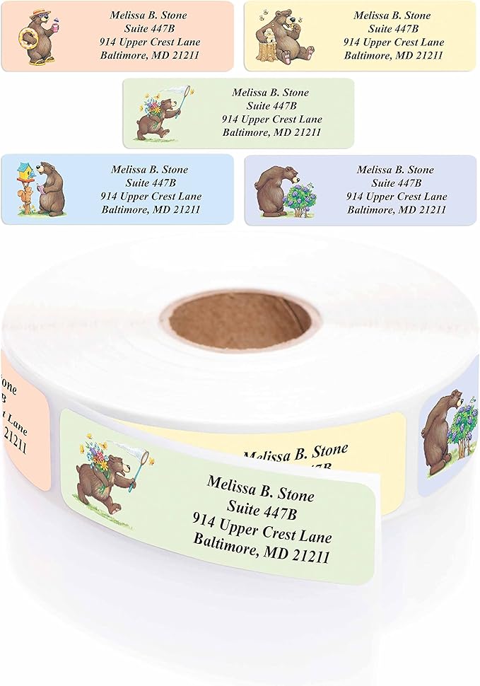 Bears Designer Assorted Rolled Address Labels with Elegant Plastic Dispenser