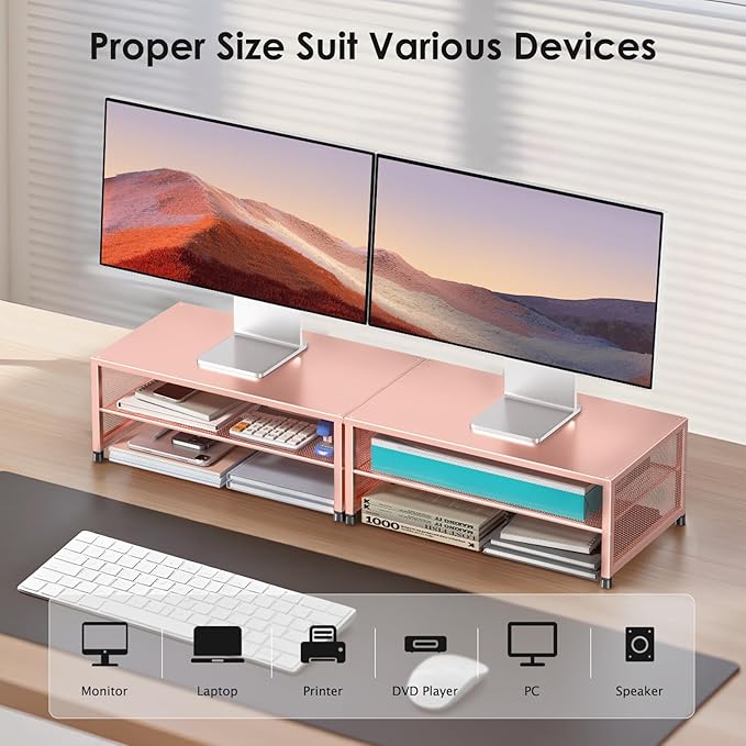 Computer Monitor Stand Riser, Desk Organizers and Accessories, Printer & Laptop Stand, Office Desk Accessories & Desktop Workspace Organizers for Office Supplies (Rose Gold)