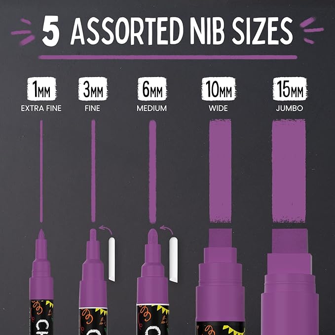 5 Purple Chalkboard Chalk Pens - Purple Dry Erase Markers for Blackboard, Chalkboard Signs, Windows, Glass | Variety Pack - Fine & Jumbo Size Ink Pen (1mm, 3mm, 6mm, 10mm, 15mm)