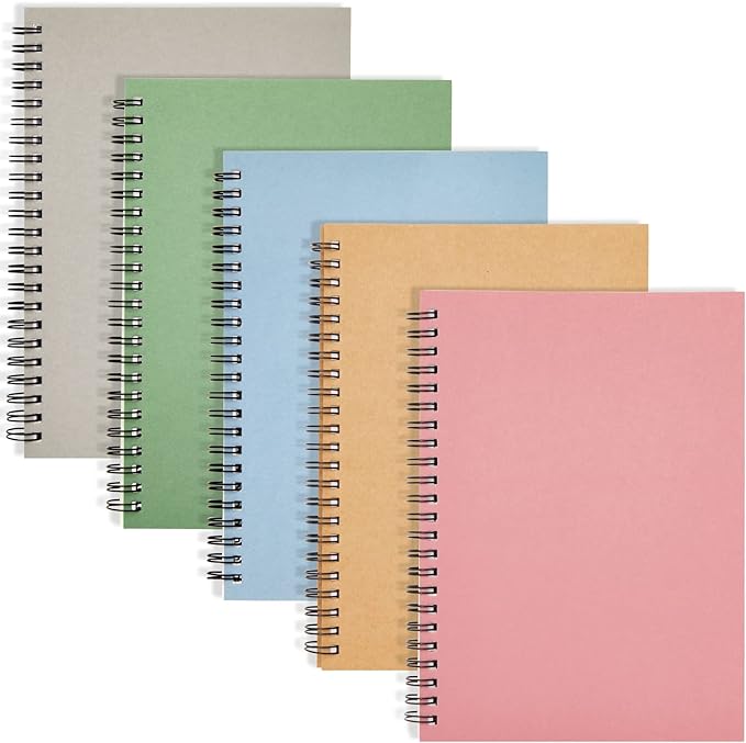 Paper Junkie 5 Pack Spiral Journal - Small Notebooks Bulk 6" x 8" with 120 Lined Pages for Work, Students, School, Writing (5 Colors Kraft Paper Covers)