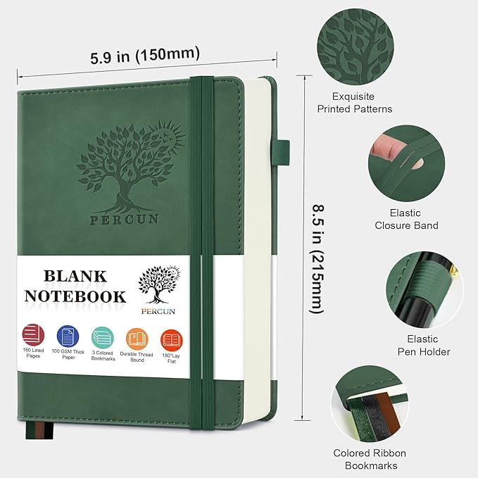 PERCUN Blank Journal Ntebook for Men & Women, 160 Pages Blank Journals for Writing, Drawing,Sketch Book,5.9" x 8.5" Leather Sketchbook, Unlined Notebook for Work, School, Art - Green
