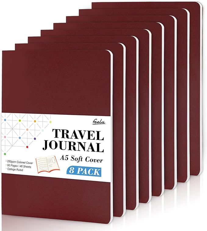 feela 8 Pack Soft Cover Journal Bulk, Notebooks College Ruled for Work, Lined Travel Journal for Women Men, Note Taking Notebook School Supplies Business Writing, 8.2” x 5.5”, A5, Wine