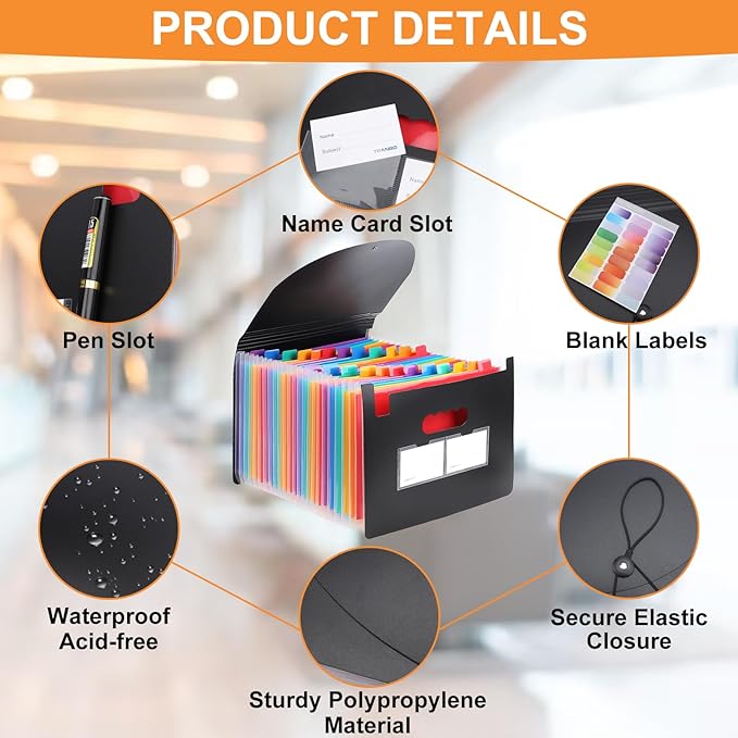 Accordion File Organizer, 24 Pockets Expanding File Folders, Portable Letter A4 Size Filing Box with Colored Labels and Expandable Cover, Monthly Bill Receipt Documents Organizer Black