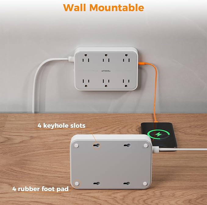 TESSAN Flat Extension Cord 10 FT with Flat Plug Power Strip, Small Extension Cord with 6 AC Outlet 1 USB C and 2 USB A, 1080J Surge Protector Power Strip, Wall Mount for Dorm Room Office Home