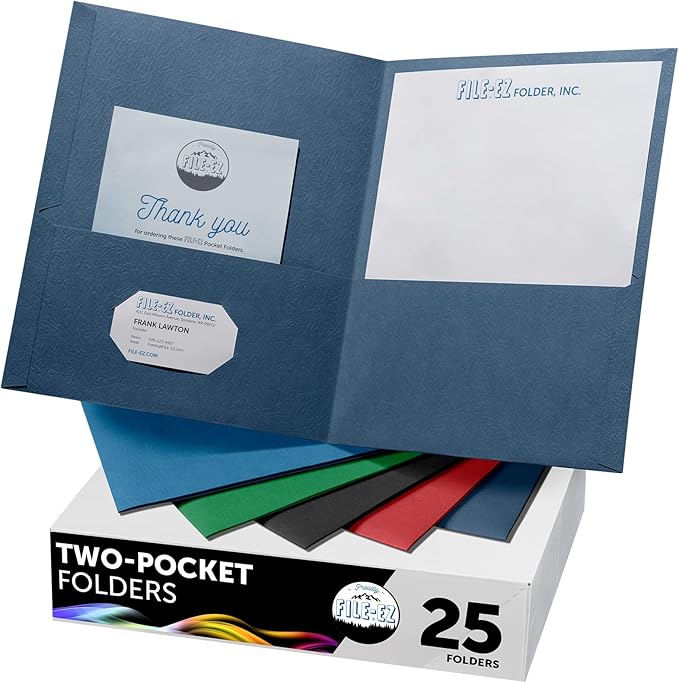 FILE-EZ Two-Pocket Folders, Assorted Colors, 25-Pack, Textured Paper, Letter Size (EZ-32500)