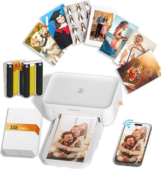 CP4100 4x6 Photo Printer with 108 Sheets & 2 Ribbons, Full-Color Thermal Dye Sublimation Wi-Fi Printing, Portable Instant Picture Printer for iPhone/Android, AR Video, Fun App, Home Use, White