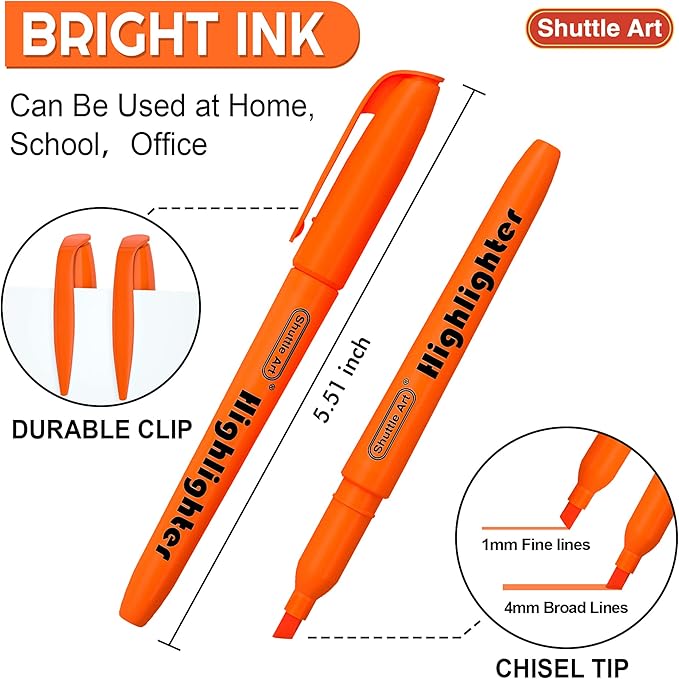 Shuttle Art Highlighters, 30 Pack Highlighters Bright Colors, Orange Colors Chisel Tip Dry-Quickly Non-Toxic Highlighter markers for Adults Kids Highlighting in the Home School Office