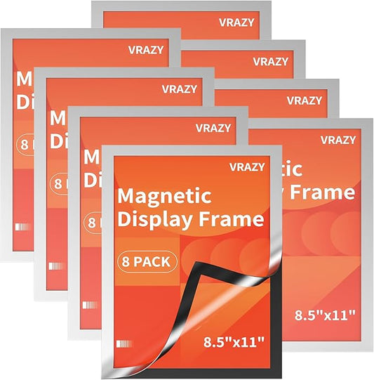 8Pack Magnetic Sign Holder 8.5 x 11 Wall Mount, Self Adhesive Display Magnetic Picture Frames Sheet With Strong Magnet Border for Window/Door/Fridge, Document Poster Paper Holders for Home Office Store, Silver
