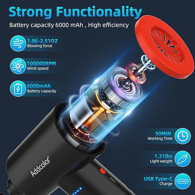 Compressed Air Duster 6000mAh Battery - Electric Air Duster Addcolor AD-38 Keyboard Cleaner for Office-3 Adjustable Wind Speeds with LED Light, Cordless & Reusable Canned Air Duster for Computers