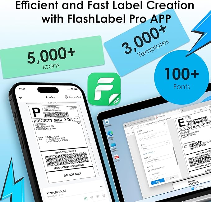 Shipping Thermal Label Printer, 4x6 Portable Label Printer, Bluetooth Label Maker for Small Business, Support iPhone,Android,Windows,Mac,Chromebook,Works with USPS, Ebay,Shopify&More, Black