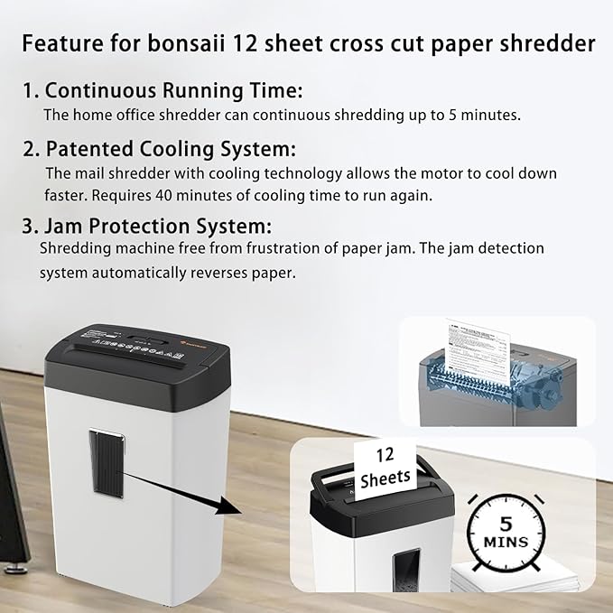 Bonsaii 12-Sheet Cross Cut Shredder, P-4 High Security, 5.5 Gal, Heavy Duty for Home Office, Shreds Paper, Credit Card, Mail, Staples, with Transparent Window, White & Black (C275-A)