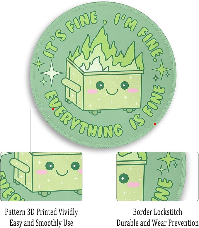 Gctriki Dumpster on Fire Mouse Pad, Cute Sage Green Mouse Pads for Desk, Funny Round Mousepad for Laptop Gaming Stitched Edge Non-Slip Rubber Base, Cute Green Office Desk Accessories Decor for Women