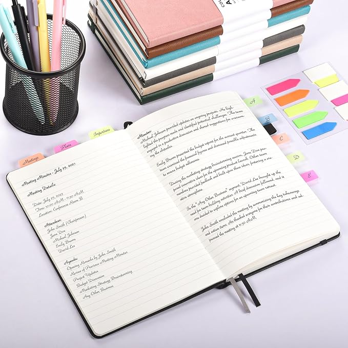 OMEYA Lined Journal Notebook, 3 Pack A5 College Ruled Notebooks for Work, Hardcover Notebook Each with 2 Pockets & Pen, Leather Journal for Women, Men, 160 Pages, 100GSM Thick Paper (Pink)