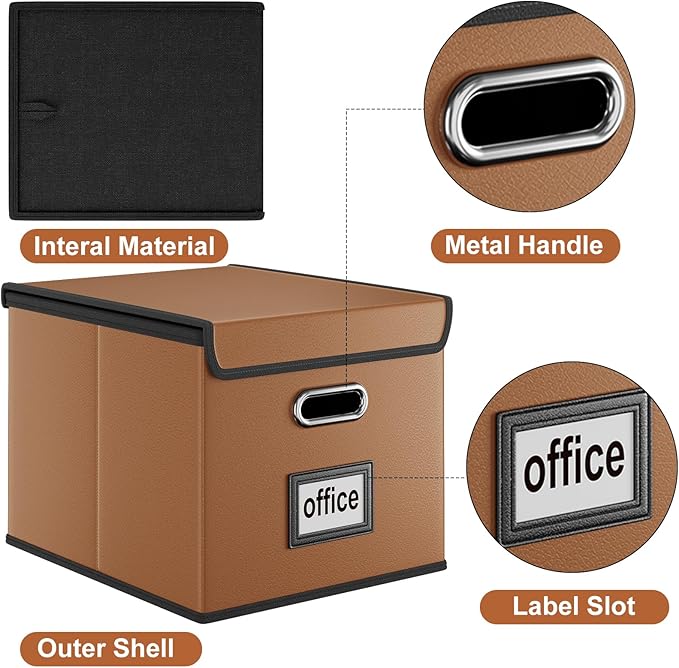 Huolewa File Organizer Boxes with Lids, Collapsible Faux Leather Hanging File Folder Box Organizer with Plastic Slide, Decorative Home/Office Filing System Boxes for File and Folders Storage