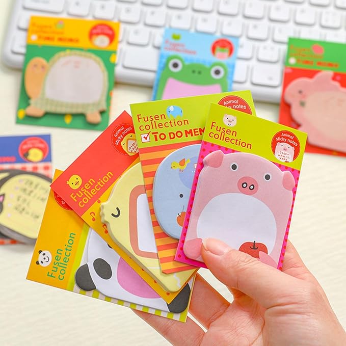 24 Pads Cute Animal Sticky Notes with 8 Cute Patterns 3 Pads of Each Kawaii Note Pads Cute Cartoon Self-Stick Memo Pads for School Office Home Students Roommates Kids Gifts