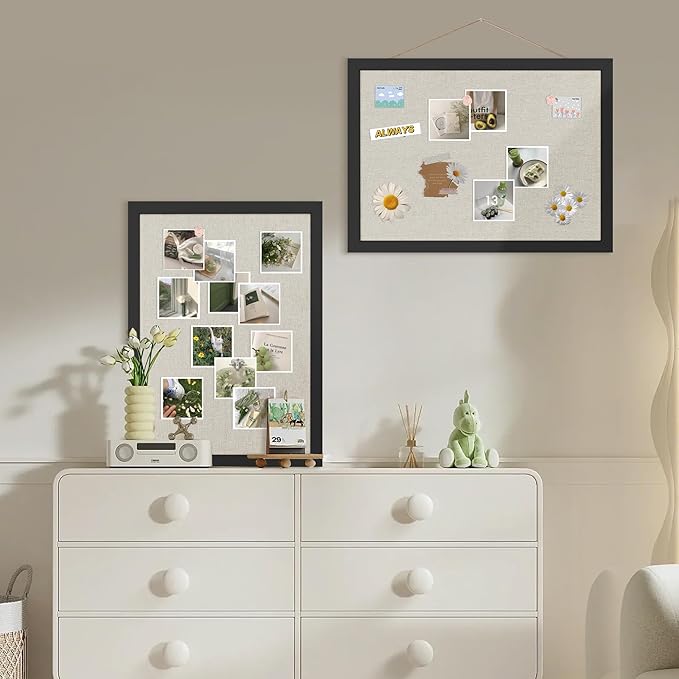 Cork Board Bulletin Board 16.7" x 11", 2-Pack Small Linen Corkboards with Frame for Walls, Cute Picture Display Pin Board Vision Board for Room School Office Bedroom 25 Pushpins Vintage Black