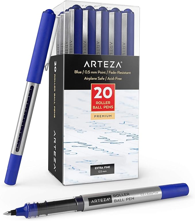 ARTEZA Rollerball Pens, Pack of 20, 0.5mm Blue Liquid Ink Pens for Bullet Journaling, Fine Point Rollerball, Office Supplies for Writing, Taking Notes & Sketching