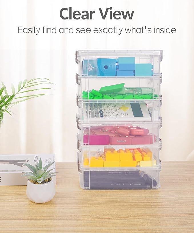 Sooez 6 Pack Extra Large Pencil Box, Plastic Pencil Case Crayon Box Bulk, Clear Marker Organizer Plastic Containers with Lid, Stackable Storage Box for Craft, Pen, Art, School Supply, Multicolor