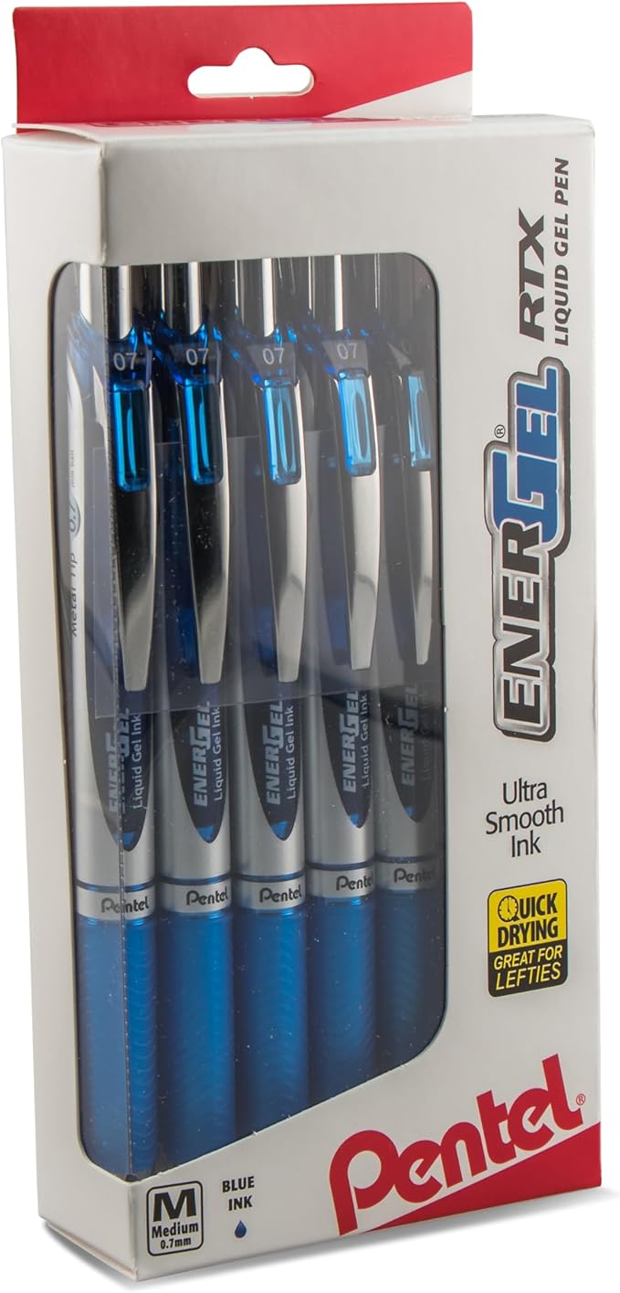 Pentel® EnerGel™ RTX Retractable Liquid Gel Pens, Medium Point, 0.7 mm, 54% Recycled, Blue Barrel, Blue Ink, Pack Of 12 Pens
