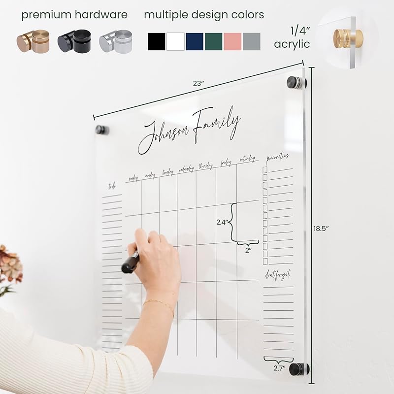 Personalized Clear Acrylic Calendar for Wall, Calendar Whiteboard for Wall, Dry Erase Wall Calendar, Wall Calendar Organizer System for Home (Cursive, Jade, 23"W x18.5"H)