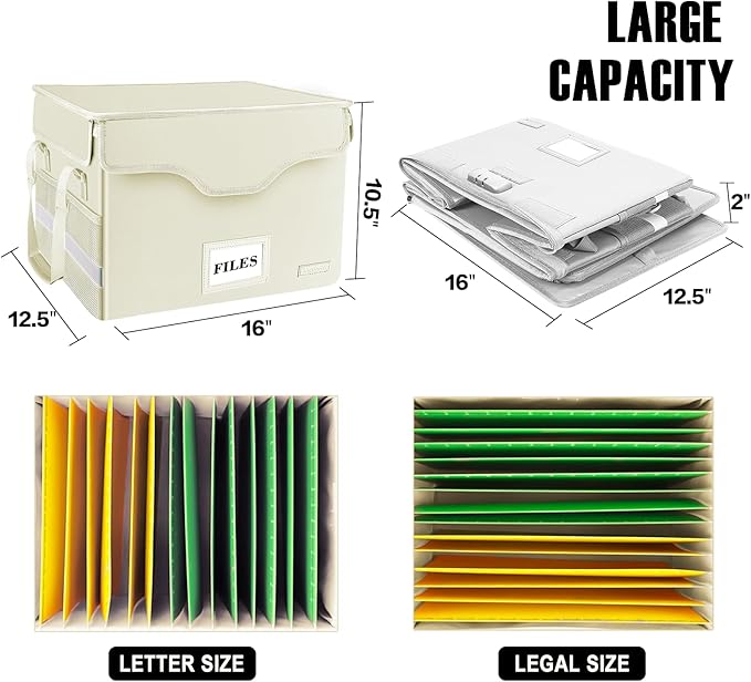 DocSafe File Box Fireproof Document Box with Lock, File Storage Organizer Box with Pockets,Collapsible Portable File Box Home Office File Cabinet with Handle for Hanging Letter/Legal Folder,Beige