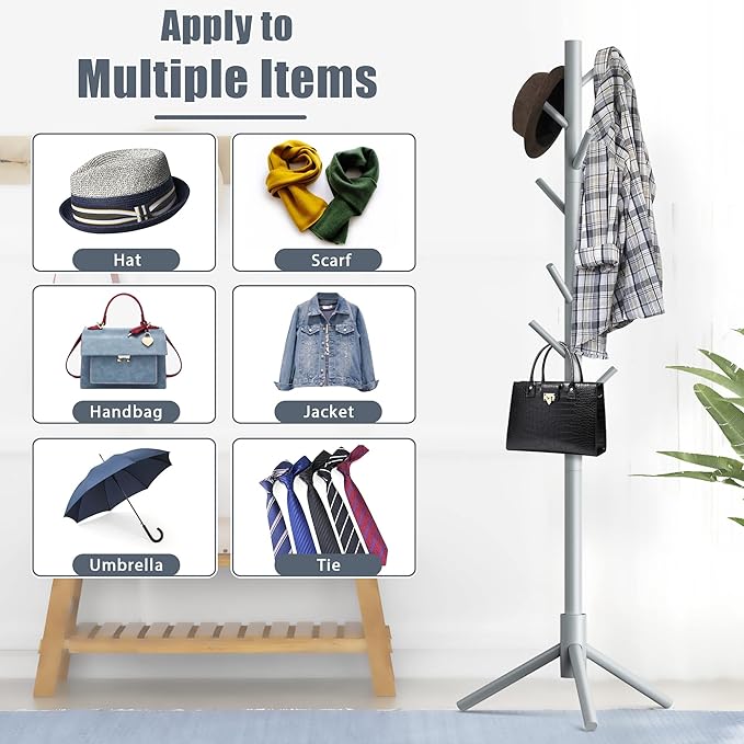 Haddockway Wooden Coat Rack Stand with 8 Hooks New Zealand Pine 3 Adjustable Coat Standing Tree Easy Assembly for Coats, Hats, Scarves and Handbags for Entryway, Hallway, Bedroom, Office