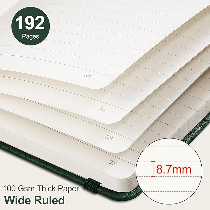 AHGXG Wide Ruled Notebook for School - Lined Journal for Women Men, 192 Numbered Pages, 100 GSM Thick Paper, A5 Hardcover Leather Notebook for Work, Writing, 5.7"×8.3" - Green