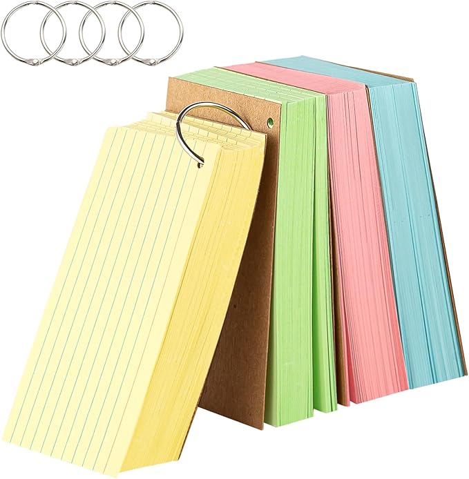 Colored 3x5 Index Cards with Rings, Goefun Ruled Flashcards 200Pcs, 4 Color Notecards for Studying, Vocabulary Cards, Recipes, Memos, Bookmark, Greetings