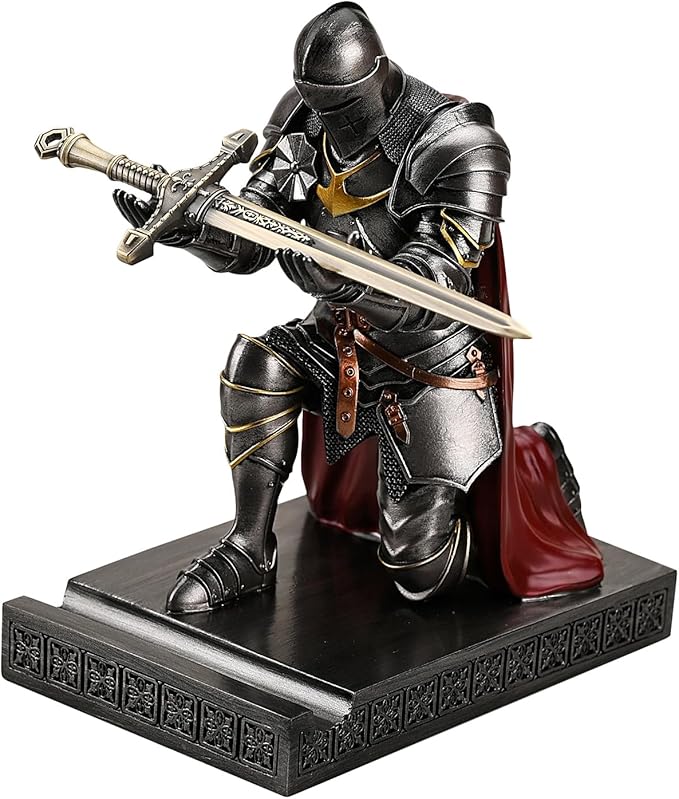 Medieval Armored Warrior Wearing Outerwear, Mobile Phone Stand Knight Pen Holder Desk Organizers, Resin Bookends Paperweight with a Letter Opener for Desk (Iron)