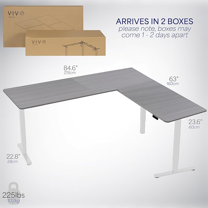 VIVO Electric Corner L-Shaped 84 x 63 in Standing Desk, Memory Height Adjustment, Dark Gray Top White Frame, DESK-E3CTWG-84