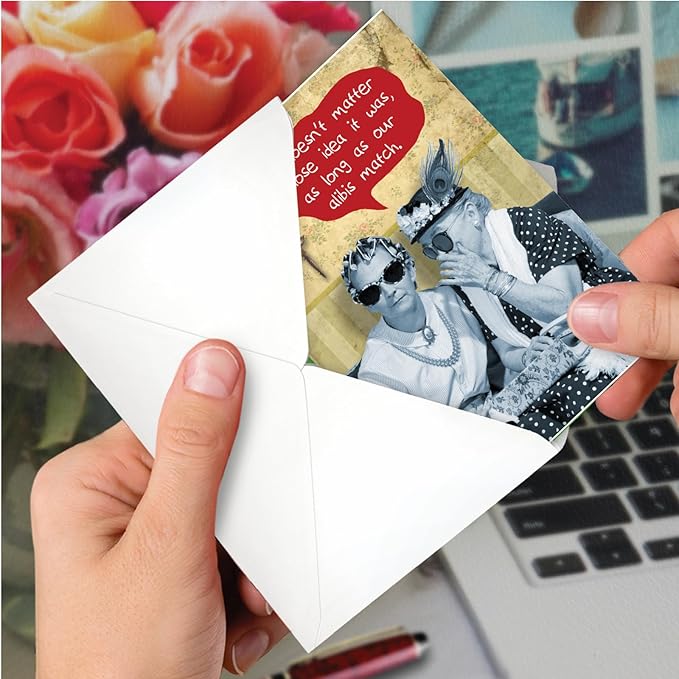 NobleWorks - 1 Funny Happy Birthday Greeting Card - Retro Old Woman Humor, Notecard Talk Bubbles - Matching Alibis C3537BDG