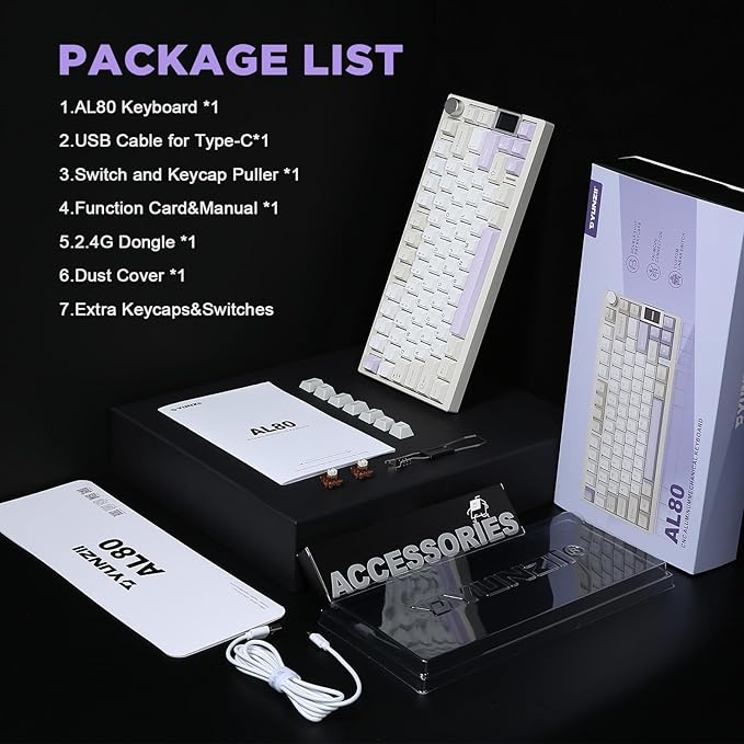 YUNZII AL80 Wireless Mechanical Keyboard,Full Aluminum CNC, Smart LCD Display,Hot Swappable Gasket Mount 75% Layout with Knob,BT/2.4G/USB-C,QMK/VIA Support for Win/Mac (Beige, Cocoa Cream V2 Switch)