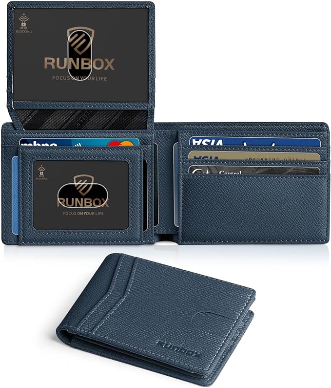 RUNBOX Wallet for Men Slim Rfid Leather 2 ID Window With Gift Box
