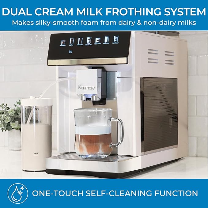 Koolatron Kenmore Espresso Machine – All-In-One Fully Automatic Coffee Maker With Auto Tamper, Descaler, Milk Steamer & Frother, Bean Grinder, Professional Barista Style Cappuccino, Cafe Latte, White