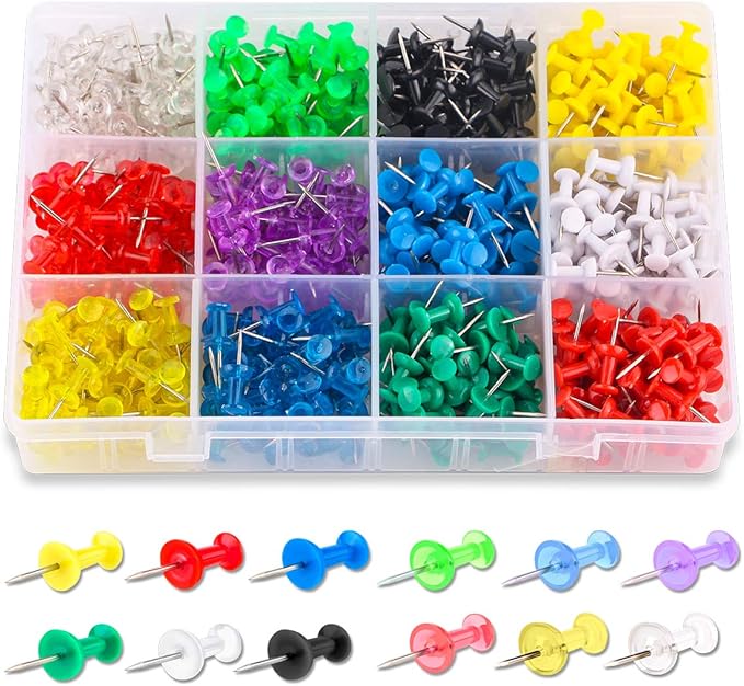 Yalis Push Pins Color Thumb Tacks 600-Count Standard Pins Steel Point and Colored Plastic Head, 12 Assorted Colors