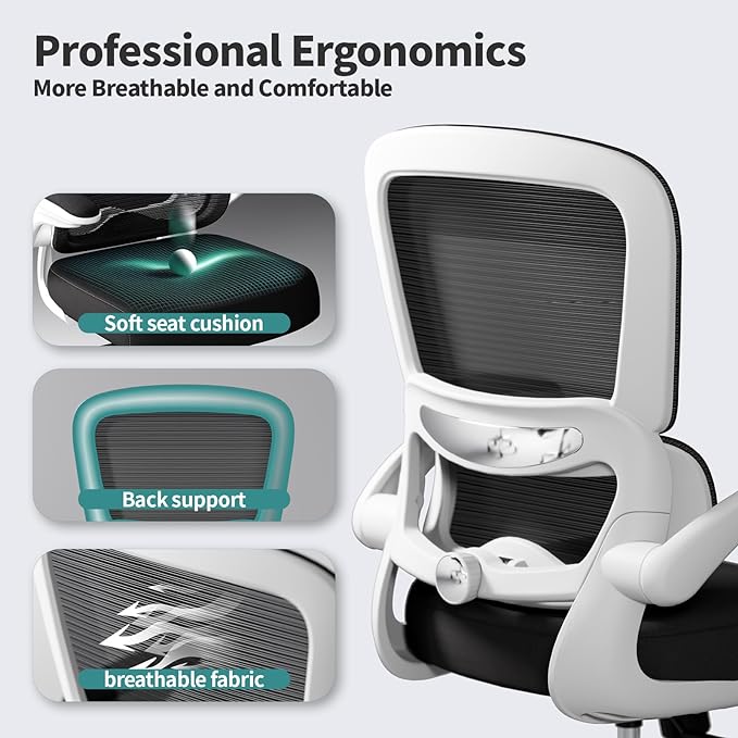 TRALT Office Chair - Ergonomic Desk Chair with Adjustable Lumbar Support, Mesh Computer Chair, Executive Chairs for Home Office Comfortable Lumbar Support (White+Black)