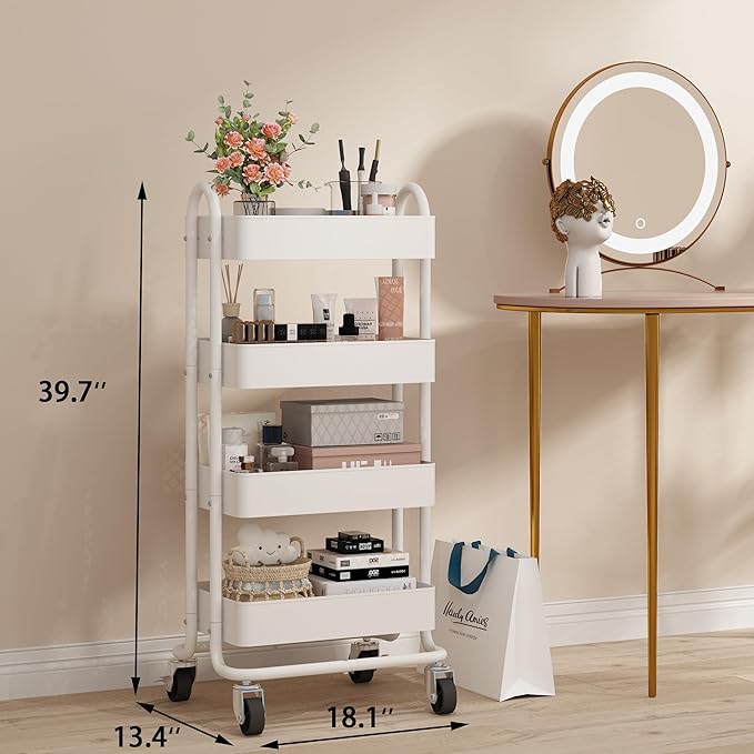 4-Tier White Rolling Cart,Metal Utility Rolling Cart with Handle,Steel Multifunction Rolling Carts with Wheels,Kitchen Storage Carts Suitable for Office,Home,Kitchen,Garden(13.4"x18.1"x40") White