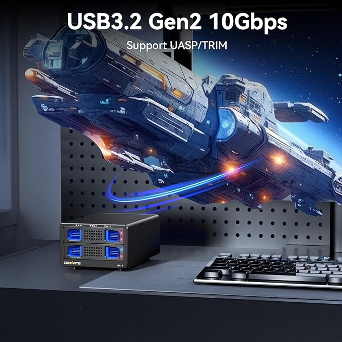 Hybrid 2.5/3.5" SATA HDD/SSD+3* M / B+M Key M.2 NVMe Enclosure with Cooling Fan and USB A/C 3.2 Gen 2 (10Gbps), Hard Drive Enclosure Support 46TB(22TB HDD+3*8TB 2230/2242/2260/2280/22110 SSDs)