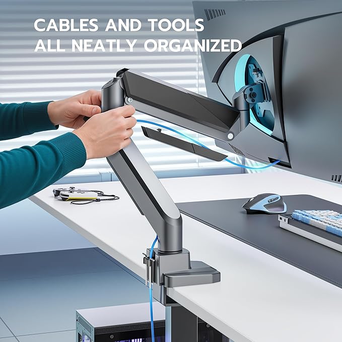 ARES WING Single Monitor Arm, Heavy Duty Adjustable Monitor Arm for 13"-45" Screens with USB, Gas Spring Desk Mount Stand with C Clamp/Grommet Mounting Base up to 40lbs Computer, Gray
