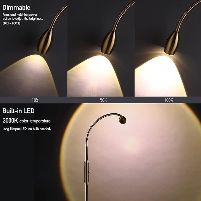 O’Bright Ray – Adjustable LED Beam Floor Lamp, Dimmable and Zoomable Spotlight, Flexible Gooseneck, Reading/Crafting Standing Lamp, Work Table Light, Antique Brass