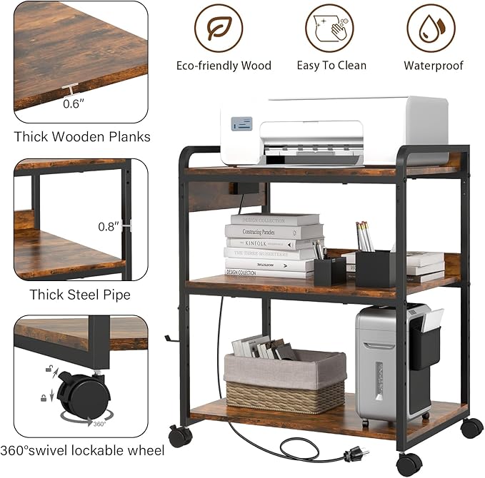 3 Tier Large Printer Stand with Wheels, 25.2 x 18.9 Inch Printer Stand with Power Outlet USB Port, Printer Table with Adjustable Storage Shelf for Home Office, Rustic Brown