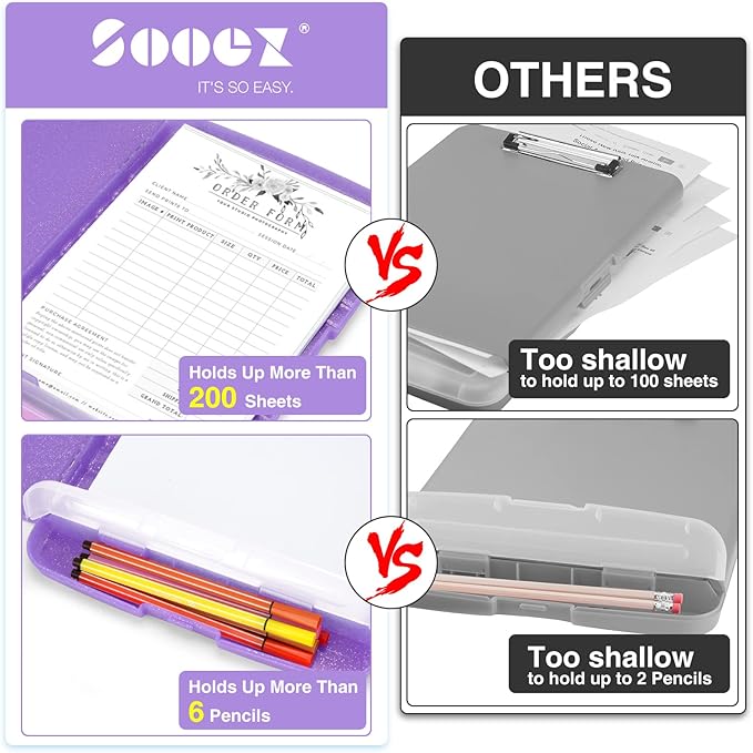 Sooez Glitter Clipboard with Storage, High Capacity Clip Boards 8.5x11 with Pen Holder, Cute Clipboards with Low Profile Clip, Sparkle Plastic Clip Board Case Box for Women & Kids, Side Opening
