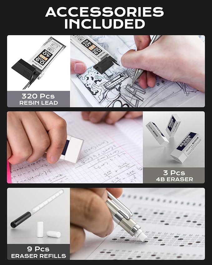 Nicpro 4 Pack Metal Mechanical Pencil Set 0.9mm, MB1000 Lead Drafting Pencil 0.9 mm with 8 Tube HB #2 Lead Refill, 3PCS 4B Eraser, 9 Cap Eraser for Artist Writing, Sketching, Drawing- Come with Case