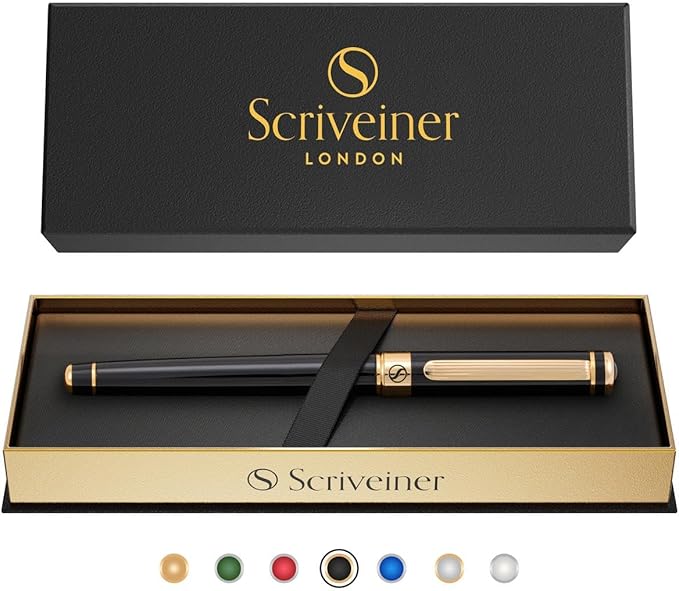 Scriveiner Black Lacquer Rollerball Pen - Stunning Luxury Pen, Real Gold Plating, Schmidt Ink Refill, Best Roller Ball Gift Set for Men & Women, Professional, Executive Office, Nice Pens