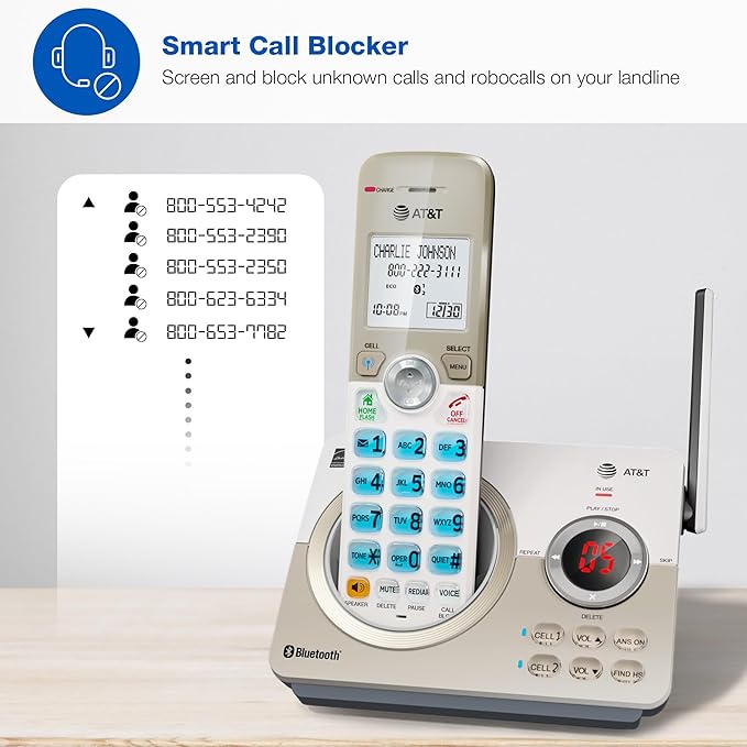 AT&T DL72319 DECT 6.0 3-Handset Cordless Phone for Home with Connect to Cell, Call Blocking, 1.8" Backlit Screen, Big Buttons, intercom, and Unsurpassed Range