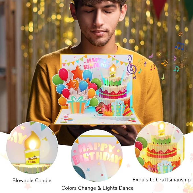 Birthday Cards Pop Up Cake with Blowable Candle Light, Music Happy Birthday Card Gifts for Men Women Kids Mom Grandma
