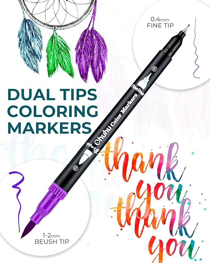 Ohuhu Markers for Adult Coloring Books No bleeding 36 Colors Coloring Markers Water-based Dual Tips Fineliner & Brush Drawing Pens Art Markers for Kids Adults Sketch Journal - Maui - Black