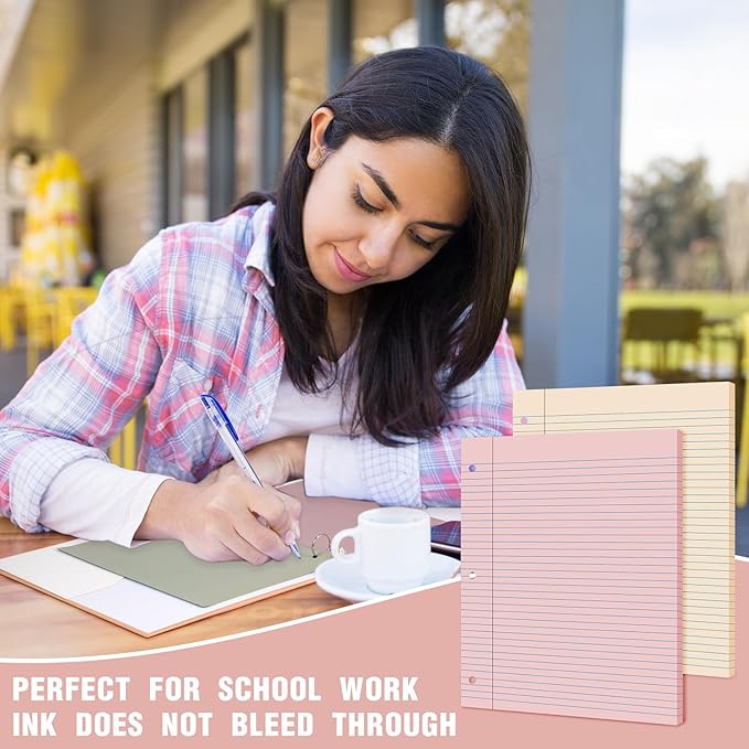PerKoop 12 Pack 600 Sheets Colored Lined Paper Bulk Wide Ruled 8 x 10.5 Inches, Pastel Loose Leaf Notebook Paper 3 Hole Punched Filler for Back School Classroom Supplies(Boho Color)